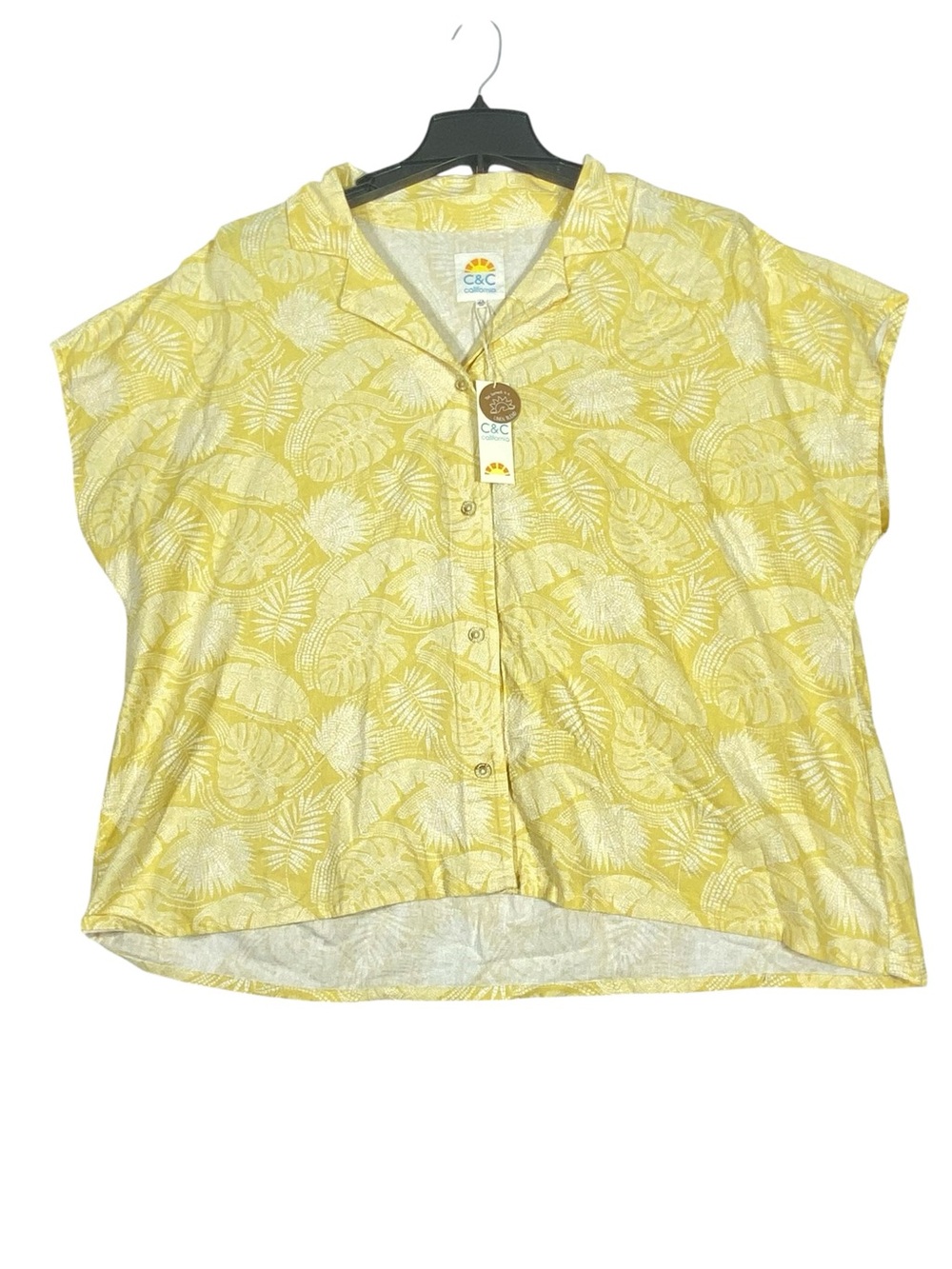 C&C California Tropical Leaf Linen Blend Blouse Women's 2X Yellow Button Up NWT
